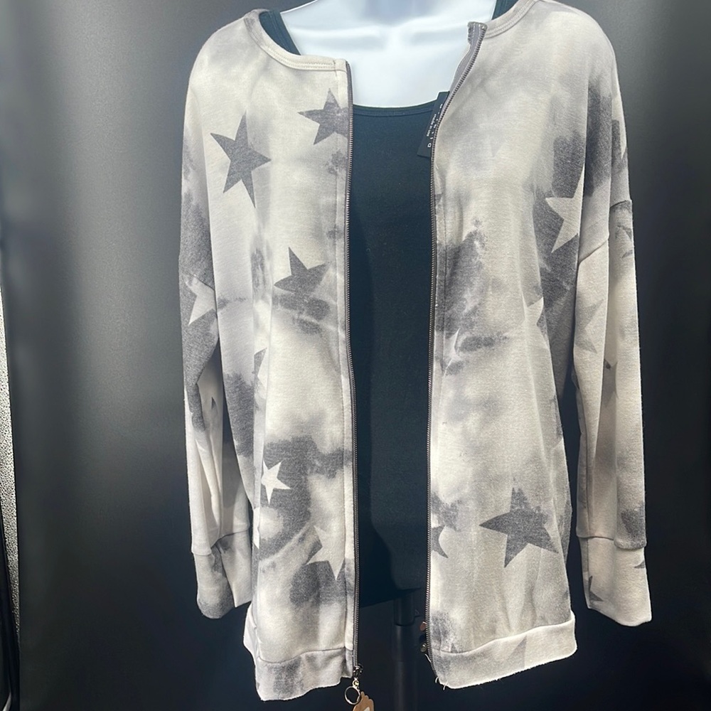 Grey & White Star Zip up Shirt. Zipper can be worn in the front or the back.
